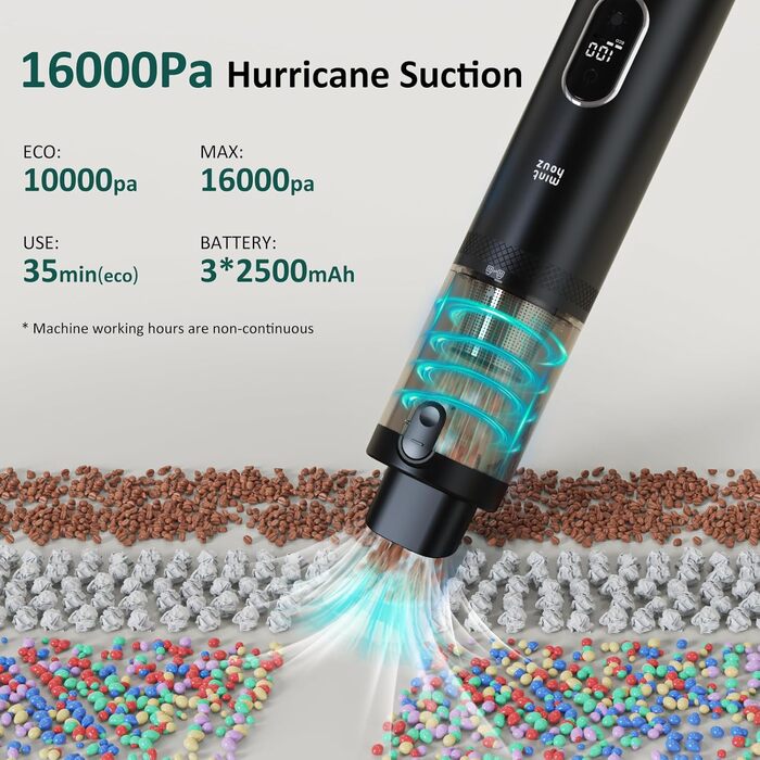 Акумулятор для ручного пилососа Minthouz, портативний акумуляторний ручний пилосос 16000PA, автомобільний пилосос із зарядкою 3.5H