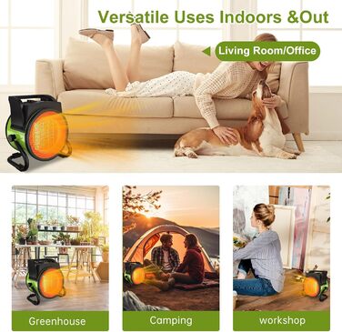 Енергозберігаючий керамічний радіаційний обігрівач GARDTECH з PTC, надзвичайно потужний електричний обігрівач, великий об&39єм повітря, будівельний обігрівач із захистом від перегріву, захистом від перекидання, термостатом, 2000 Вт, зелений