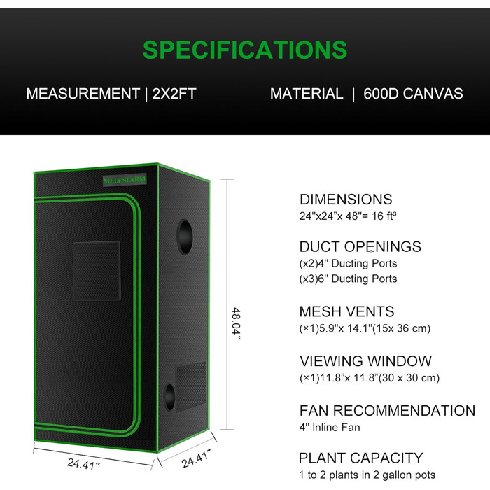 Тент для вирощування MELONFARM 66121 см, з високоякісним відбиваючим матеріалом Diamond Mylar 600D, оглядовим вікном та піддоном для гідропоніки (60x60x120 см)