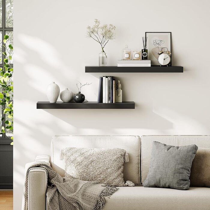 Настінна полиця HOOBRO, плаваюча полиця, 2 шт., міцні настінні полиці, підвісні полиці 80 x 20 x 3,8 см, з невидимими кронштейнами, для ванної кімнати, спальні, кухні, офісу, вітальні, чорна EBK80BJP201 Чорний 80 см