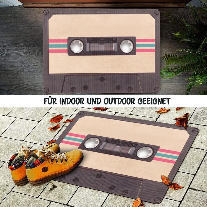 Килимок для приміщень та вулиці 50x70 см - плоский та нековзний - ретро-дизайн касети - килимок, який можна прати, для чистого взуття та стильного, сучасного вхідного отвору