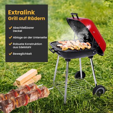 Мобільний вугільний гриль з кришкою на замок та нижньою полицею, на колесах для саду та відпочинку на природі, стаціонарний гриль, кемпінговий гриль, нержавіюча сталь