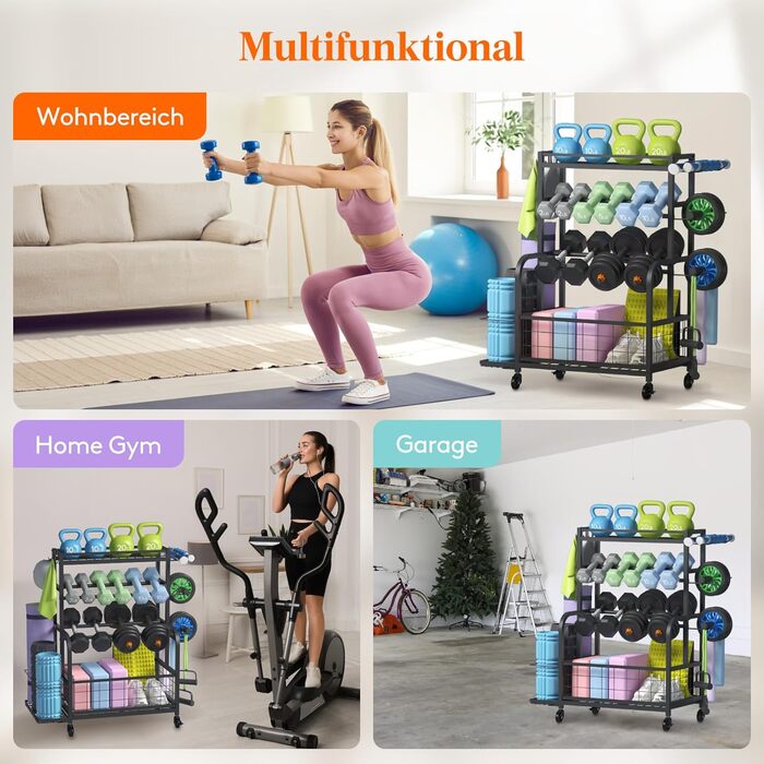 Стійка для штанг Lifewit для домашнього спортзалу, зберігання штанг із замикаючимися універсальними колесами та гачками, стійка для гир, тримач для килимка для йоги, стійка для силових тренувань, полиця для ваг для дому, гаража, середня