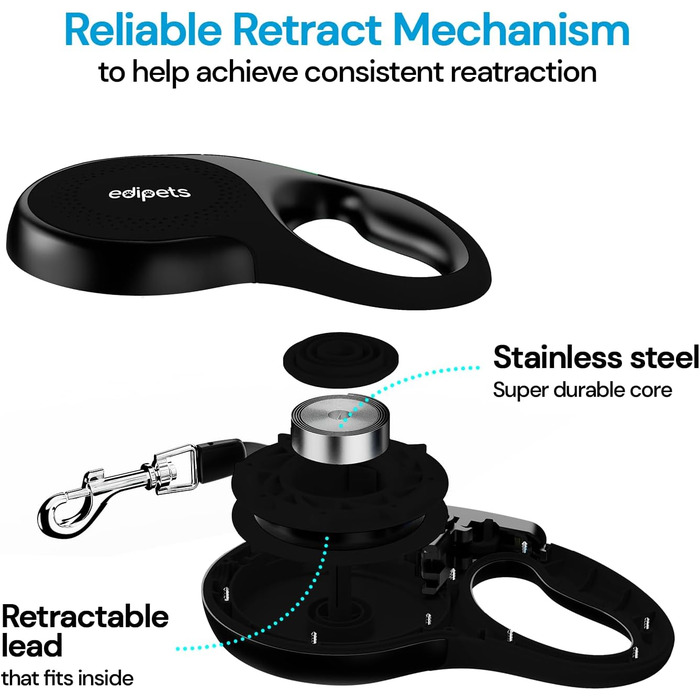 Поводок-рулетка для собак Edipets, висувний, 5 м / 8 м, гнучкий, для дресирування та прогулянок, для малих, середніх та великих порід (Чорний, 5 метрів)