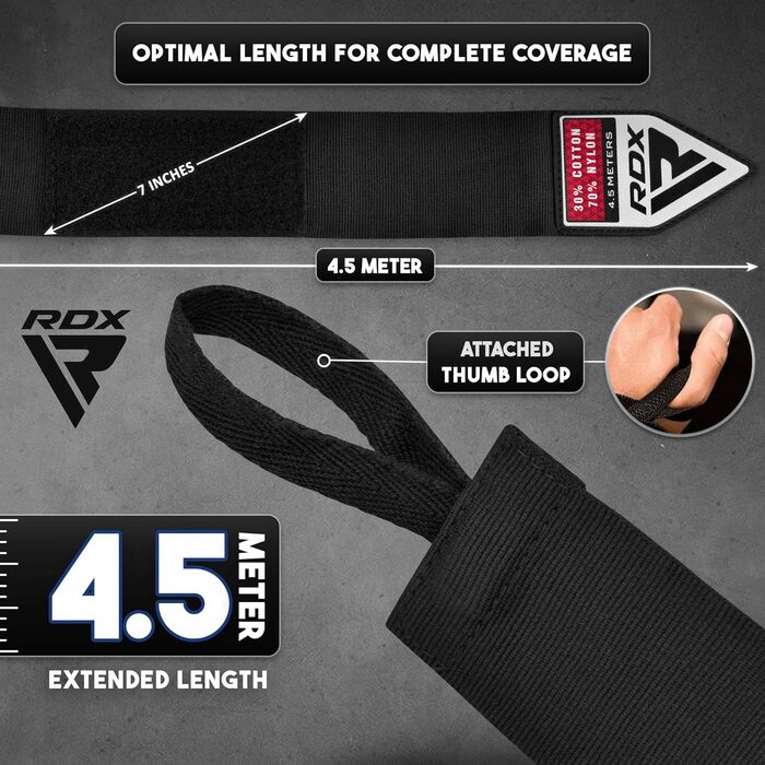 Професійні боксерські накладки RDX 4,5 м для боксу, ММА, муай-тай, еластичні накладки з петлею для великого пальця, довгі бавовняні внутрішні рукавички, кікбоксинг, тайський бокс, боксерська груша, тренування з боксерськими кульками, стандартні накладки д