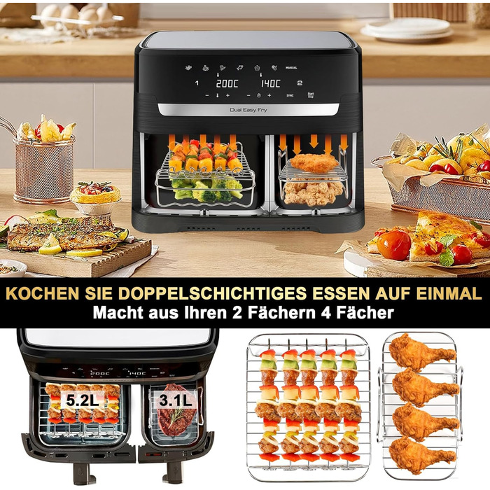 Аксесуари для фритюрниці YINGRACE для Tefal EY9018 5.2/3.1 л, Cecotec Cecofry DuoSize 9 л, два розміри подвійних ящиків, 6 шт. із силіконовою формою, решітка для приготування, папір для випічки для фритюрниці