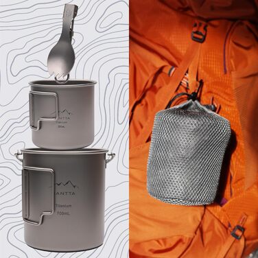Титановий кемпінговий посуд SANTTA Кемпінгова каструля 700 мл, чашка для пиття 380 мл та складний надлегкий кухонний набір Spork для походів та туризму