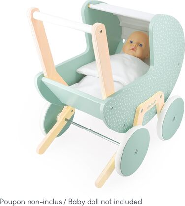 Коляска для ляльок Janod Zen, виготовлена з FSC деревини, рольова коляска для ляльок з подушкою та ковдрою від 18 місяців, J05900,