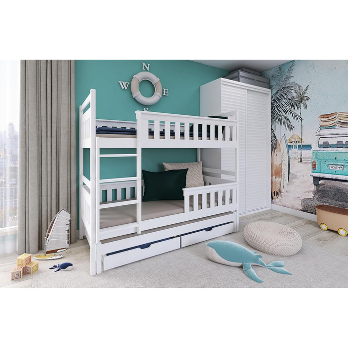 Дитяче колективне ліжко-горище 90x200 з 3 матрацами, висувне двоярусне ліжко з функцією висуву, дві шухляди, рейкова основа, захисні поручні, трансформується в ТРИ односпальні ліжка, масив дерева Білий 90x200 см 3 матраци білий - Стиль 2