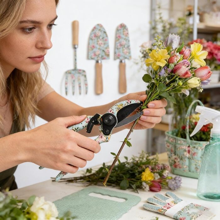 Набір садових інструментів 10 в 1, міцні садові ручні інструменти з нержавіючої сталі з сумкою для зберігання секатор, садова лопатка, рукавички, культиватор та інше. Ідеальний подарунок для садівників (квітковий візерунок)