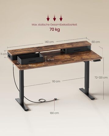 Електричний стіл з регулюванням висоти VASAGLE, 140 x 60 см, вінтажний коричневий, з підставкою для монітора