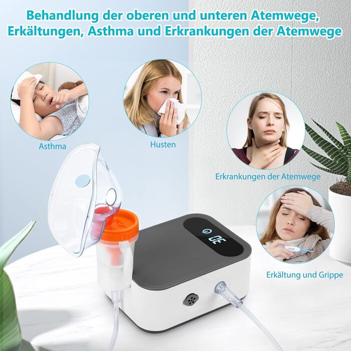 Інгалятор Sentasi для дорослих, світлодіодний цифровий дисплей інгалятор компресор небулайзер дитячий, електричний інгалятор з мундштуком і маскою від кашлю при застуді або астмі в домашніх умовах сірий білий