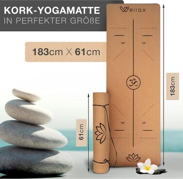 Килимок для йоги Wellax Yoga Mat Cork - 100 натуральний килимок для йоги, що не ковзає 185x66x0,6 см - Дуже товстий і не містить шкідливих речовин - Спортивний килимок з практичним ременем для перенесення