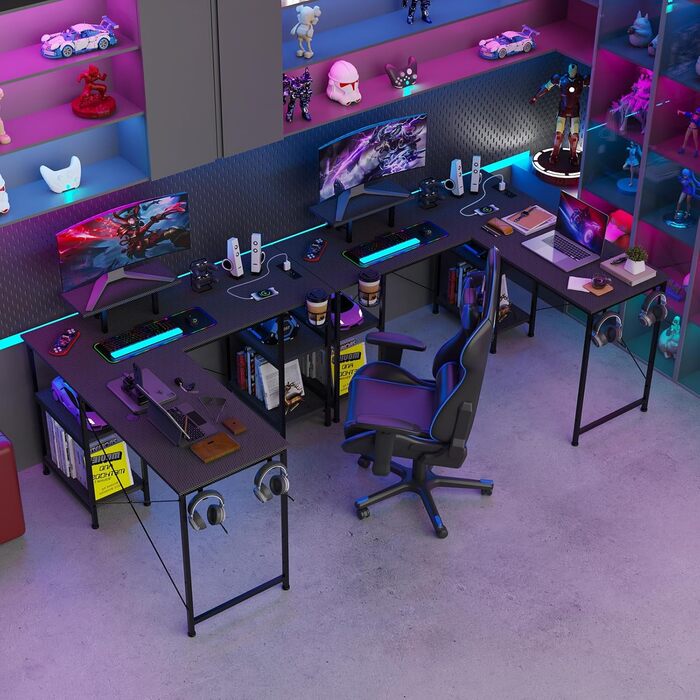 Ігровий стіл 210 x 50 см з розеткою та USB-портом, 3 варіанти встановлення, L-подібний ігровий стіл з полицею для монітора, ігровий стіл для ПК з карбоновою поверхнею