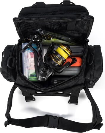 Сумка для рибальських снастей Dr.Fish із кількома кишенями та ременем через плече, водонепроникна сумка для риболовлі, походів, полювання, кемпінгу, подорожей, чорна (менший розмір)