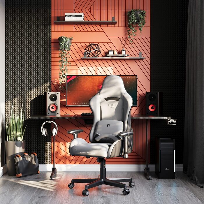 Геймерське крісло Diablo X-Starter Ергономічне ігрове крісло з тканинною оббивкою, регульованими підлокітниками, механізмом нахилу, вантажопідйомність до 136 кг Ігрове настільне крісло, ігрове офісне крісло Сірий 132 см x 68 см x 49,5 см