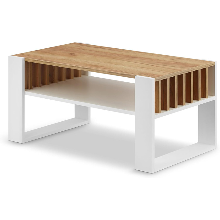 Журнальний столик для дивана Невеликий журнальний столик з білого дуба з місцем для зберігання Сучасний журнальний столик з рейками Журнальний столик Невеликий столик Журнальний столик 92 см Міцний журнальний столик, білий дуб