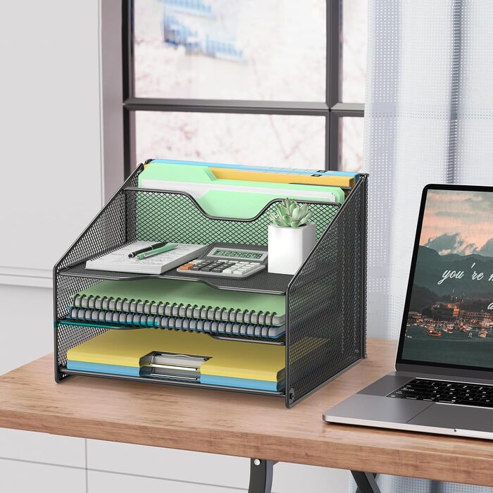 Настільний органайзер OUTWOLF з тримачем для файлів, 3-рівневий органайзер для паперів 2 вертикальні відділення, сітчастий металевий настільний органайзер для файлів A4, паперу, книг, офісного приладдя, чорний