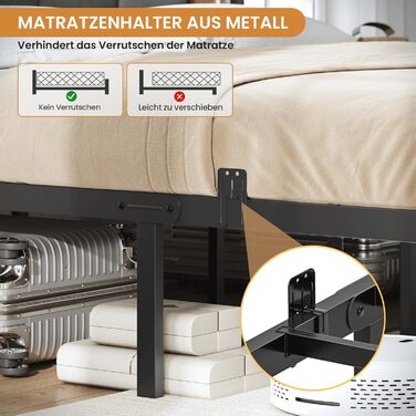 Ліжко AOGLLATI каркас 140x200 зі світлодіодним освітленням та функцією заряджання через USB, металевий каркас ліжка з узголів&39ям для зберігання речей, м&39яке узголів&39я, дитяче ліжко, двоспальне ліжко з рейковою основою (140 x 200 см)