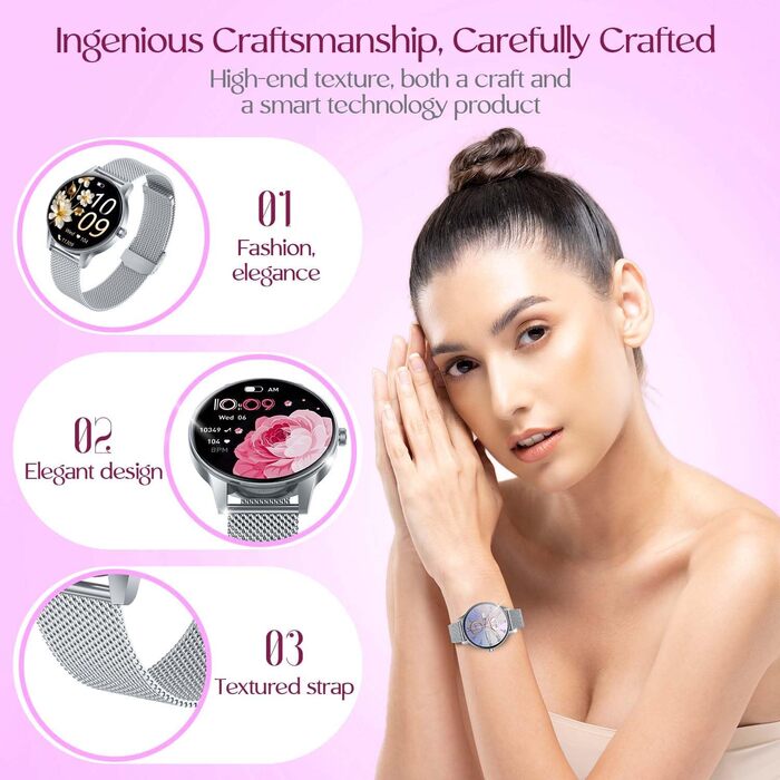 Жіночий смарт-годинник із функцією Bluetooth для телефону, спортивний годинник 1,27-дюймовий HD-сенсорний смарт-годинник із монітором серцевого ритму, монітором менструального циклу, монітором сну, понад 100 спортивними режимами, фітнес-годинник, водонепр