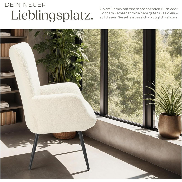 Крісло tectake у скандинавському стилі з крилами, крісло Teddy Hygge, крісло з букле для вітальні, спальні, вишукане крісло-гостина, вантажопідйомність до 150 кг без підставки для ніг, букле кремовий/чорний