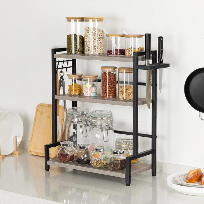 Підставка для спецій HOOBRO, кухонна полиця з 3 гачками, підставка для спецій з тримачем для ножів, настільний органайзер, регульовані ніжки, для їдальні, кухні, ванної кімнати, сіро-чорна, EBG01TL01 сірий