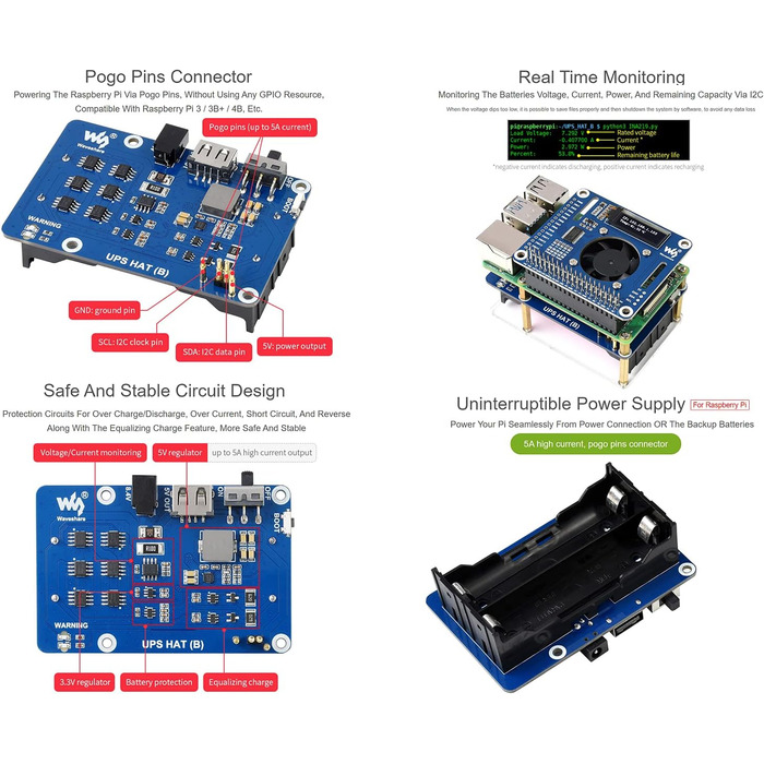 ДБЖ HAT (B) для джерела безперебійного живлення Raspberry Pi зі зв'язком по шині I2C, вихідною напругою 5 В, струмом до 5 А, схемами захисту кількох батарей