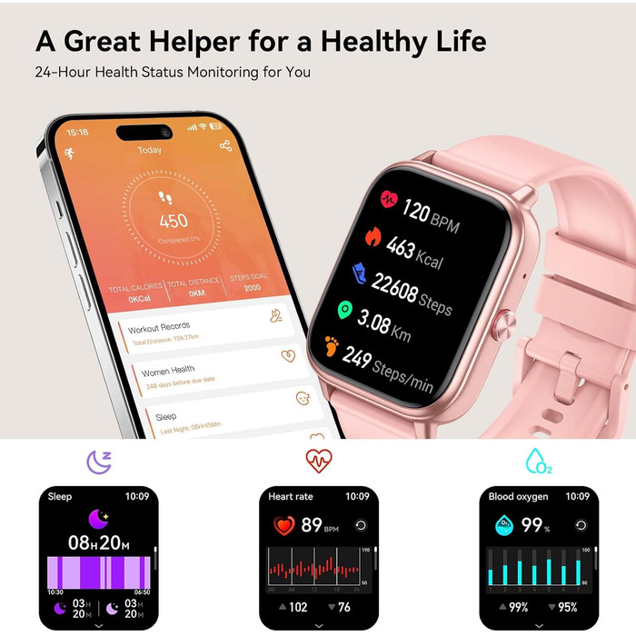 Розумний годинник для чоловіків та жінок, 1,83-дюймовий сенсорний HD-екран, 20-денний час роботи від батареї, фітнес-годинник з пульсометром, монітором сну, крокоміром, функцією Bluetooth-дзвінків, 112 спортивних режимів, водонепроникність IP68, iOS/Andro