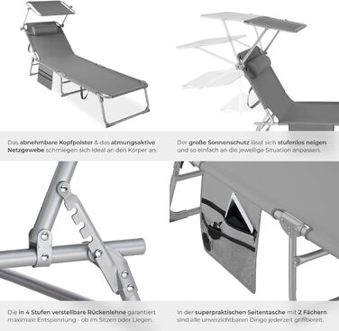 Складаний портативний шезлонг з бічною кишенею, пляжний шезлонг, садовий шезлонг з навісом, крісло-відкидний крісло з регульованою спинкою, включаючи підголівник - для балкону, тераси, кемпінгу - сірий