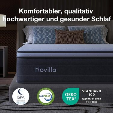 Матрац Novilla 140x200, H3 7-зонний пружинний матрац з кишеньковою структурою для цілеспрямованої підтримки, хвилеподібний шар комфортної піни для покращеної повітропроникності, сертифікований Oeko-Tex, висота 25 см x 25 см, 140 x 200 см