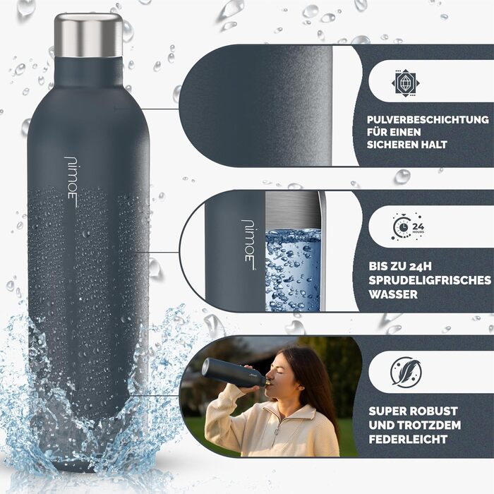 Сумісний з Sodastream DUO, E-DUO Пляшка з нержавіючої сталі об'ємом 1 л з порошковим покриттям Металева пляшка, яку можна мити в посудомийній машині для подорожей 100 герметичне деревне вугілля