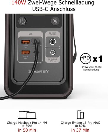 Портативна зарядна станція, портативний акумулятор LiFePO4 ємністю 192 Втгод, живлення постійного струму 180 Вт, зарядний пристрій 140 Вт, двостороння швидка зарядка USB-C, сонячний генератор для кемпінгу, подорожей та надзвичайних ситуацій (без адаптера 