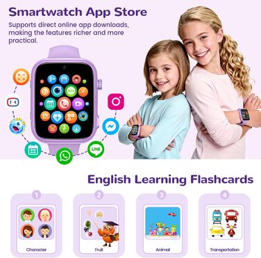 Дитячий смарт-годинник з функцією відеодзвінків та телефону, дитячий годинник з GPS, голосовим чатом, WhatsApp, WiFi, SOS, SMS, шкільним режимом, крокоміром, водонепроникний IP68, будильник, дитячий смарт-годинник для дівчаток/хлопчиків, фіолетовий/фіолет