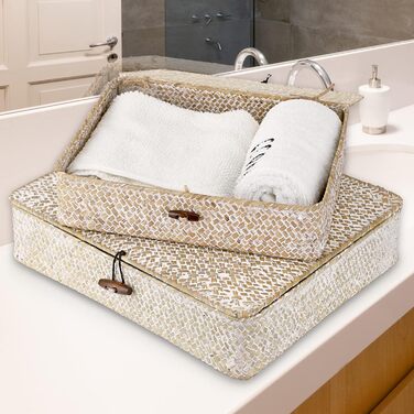 Кошик SUMNACON з ротанга, 2 шт., виготовлений з натуральної морської трави, з кришкою, коробка для зберігання ручної роботи, кошики для зберігання, кошик-органайзер для кухні, ванної кімнати, спальні, великий малий (прямокутний, білий)