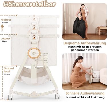 Дитяче ліжечко HOLAVIDA 5-в-1, регульована по висоті колиска, дитяча колиска з пеленальний столик, кошик для зберігання, москітна сітка, матрац, портативне дорожнє ліжечко для новонароджених/малюків (бежевий)