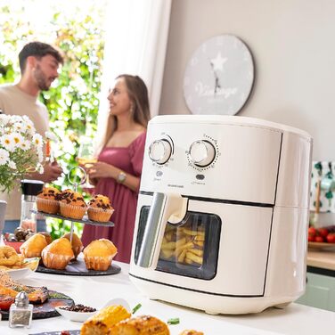 Фритюрниця InnovaGoods Vintage 6.5 л, фритюрниця 1700 Вт з 100 рецептами в DE Фритюрниця з вікном, кошиком з антипригарним покриттям, таймером і потоком повітря на 360, фритюрниця ідеально підходить для 4-6 осіб. Колір кремовий.