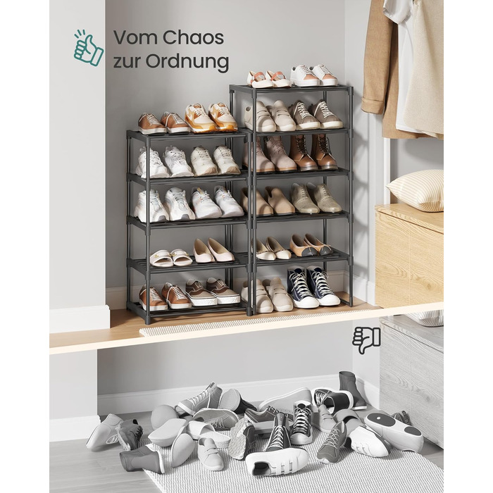Рівнева взуттєва полиця, висока відкрита шафа для взуття, вузька підставка для взуття, металеве місце для зберігання взуття, компактне, для гардеробної, передпокою, 30 x 45 x 174 см, чорний LSA25BK 10 ярусів (45B см) чорний, 10-