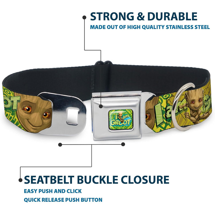 Нашийник для собак Buckle-Down DC-SB-MCJP-WMC185-1.0-S, з застібкою типу безопасний ремінь, дизайн Малюк Грут - Я Грут, коричневий, зелений, жовтий, ширина 22,9 - 38,5 см, багатокольоровий