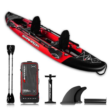 Ексклюзивний червоний набір для каяків SKINHAWK 380 - Надувний човен - Каное - 380 x 96 см - Каяк на 2 особи. Набір для каяків Skinhawk 380 з алюмінієвим веслом.