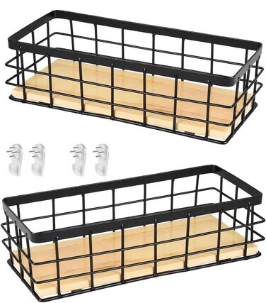 Дротяний кошик, металевий кошик, металевий кошик для зберігання у ванній кімнаті, металевий кошик зі знімною дерев&39яною основою, настінний кошик для дому, для фруктів та закусок, кухонна комора, 2 предмети, 29x13x10 см, чорний