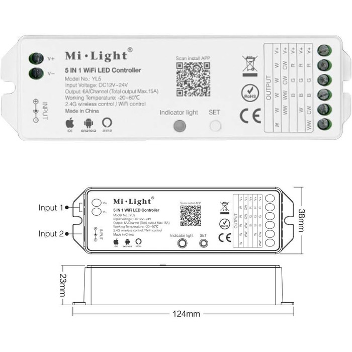 Контролер диммер для монохромних, CCT, RGB, RGBWW, RGBWW, RGBCCT світлодіодних стрічок, сумісних з Alexa Google home і багатьма пультами дистанційного керування Mi-Light, WL5, 5in1 Wi-Fi