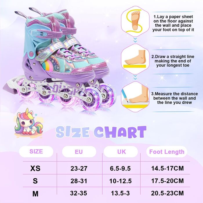 Роликові ковзани для дітей, дівчаток та хлопчиків, райдужний дизайн, дитячі роликові ковзани 4 розмірів для використання в приміщенні та на вулиці, розмір S (EU 28-31), фіолетовий