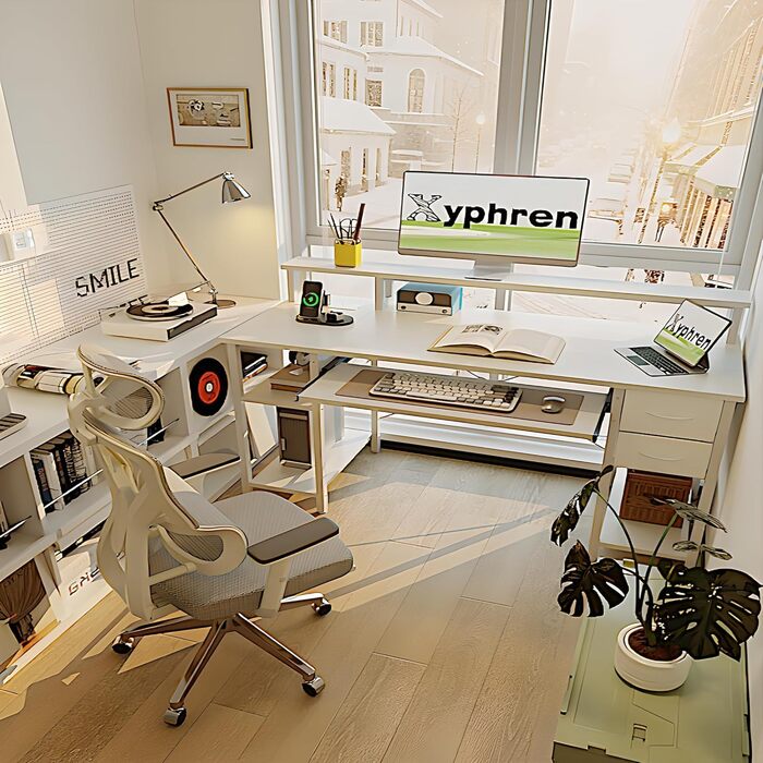 Письмовий стіл з 2 шухлядами, 120 x 50 см, комп&39ютерний/ігровий стіл з підставкою для клавіатури, регульованою по висоті бічною полицею, підставкою для монітора та розеткою для домашнього офісу та вітальні, білий, 120 x 50 см