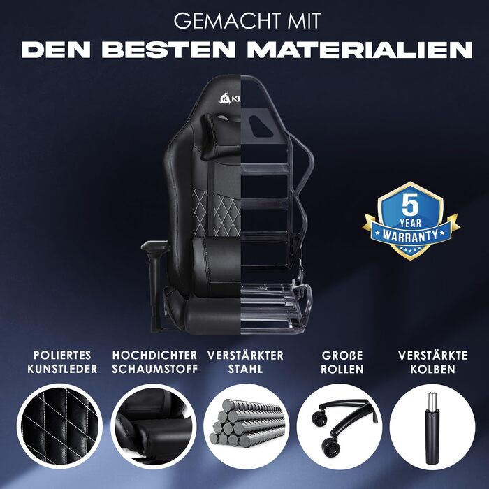 Ігрове крісло KLIM Esports - НОВИНКА 2024 року - З підтримкою попереку та шиї - Регульоване ігрове крісло Ергономічне крісло для П