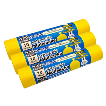 Надзвичайно великі жовті сміттєві пакети 120 літрів - Розміри 80 x 110 см - 10 пакетів у рулоні - стійкі до розривів, міцні та гнучкі - Упаковка з 3 рулонів (30 сміттєвих пакетів)