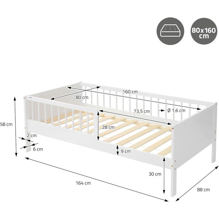 Дитяче ліжко ML-Design 80x160 см, біле, односпальне ліжко для дітей з рейковою основою та захисними поручнями, дитяче ліжко з сосни, дерев&39яне ліжко, каркас ліжка для хлопчиків та дівчаток, дитяче ліжечко з масиву дерева, ліжечко для малюків 80 x 160 см