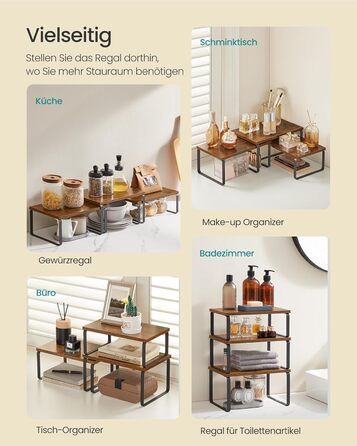 Стійка для спецій, набір із 3 кухонних органайзерів, штабелюється, розширюється, композитний метал та дерево, вінтажний коричнево-матово-чорний KCS220K02 19,5 Г x 29,7 Ш x 15,8 В см, білосніжно-білий матово-білий