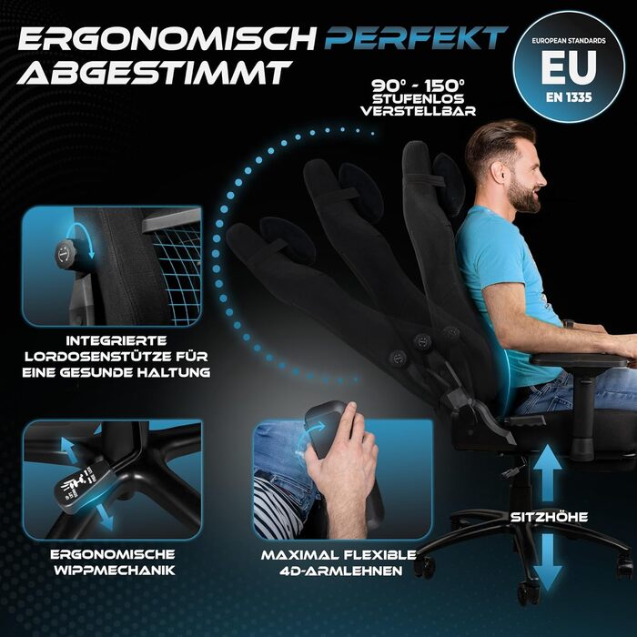 Ергономічне ігрове крісло Ultimatrix FURY ПЕРЕМОЖЕЦЬ ТЕСТУ Інтегрована поперекова підтримка, 4D підлокітники, дихаюча тканина, підставка для ніг, ігрове крісло з холодної піни, вантажопідйомність 150 кг, офісне крісло (чорне)