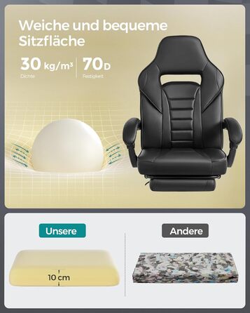 Ігрове крісло SONGMICS, офісне крісло з підставкою для ніг, робоче крісло з підголівником та поперековою опорою, регульована висота, ергономічне, вантажопідйомність до 150 кг, чорний колір OBG073B05 Колір чорнила чорний