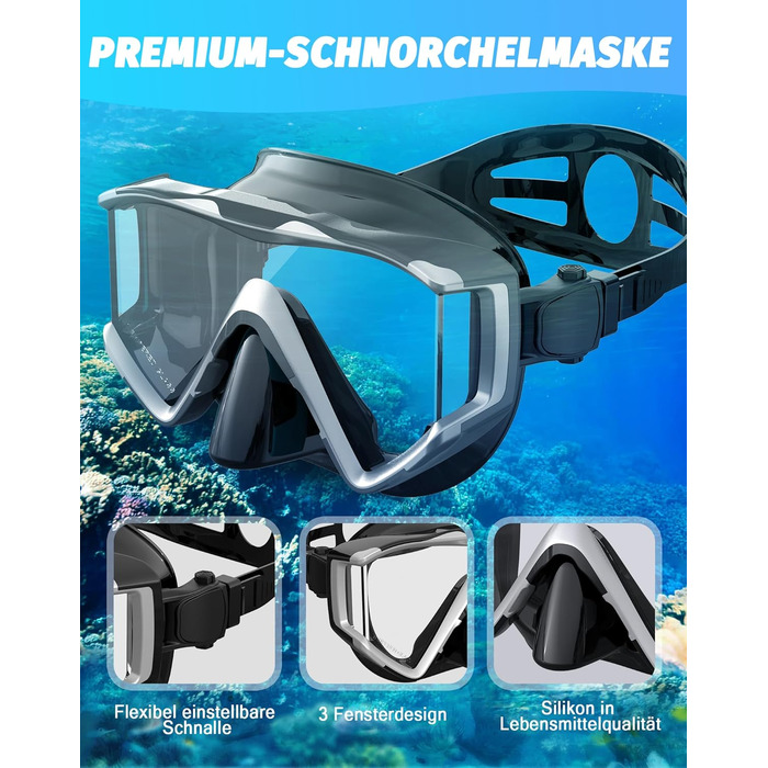 Набір для дорослого підводного плавання, маска для дайвінгу з трубкою, маска для підводного плавання з 3 вікнами, захист від запотівання, захист від протікання, професійний набір для дорослого підводного плавання, плавання та дайвінгу, сріблястий чорний